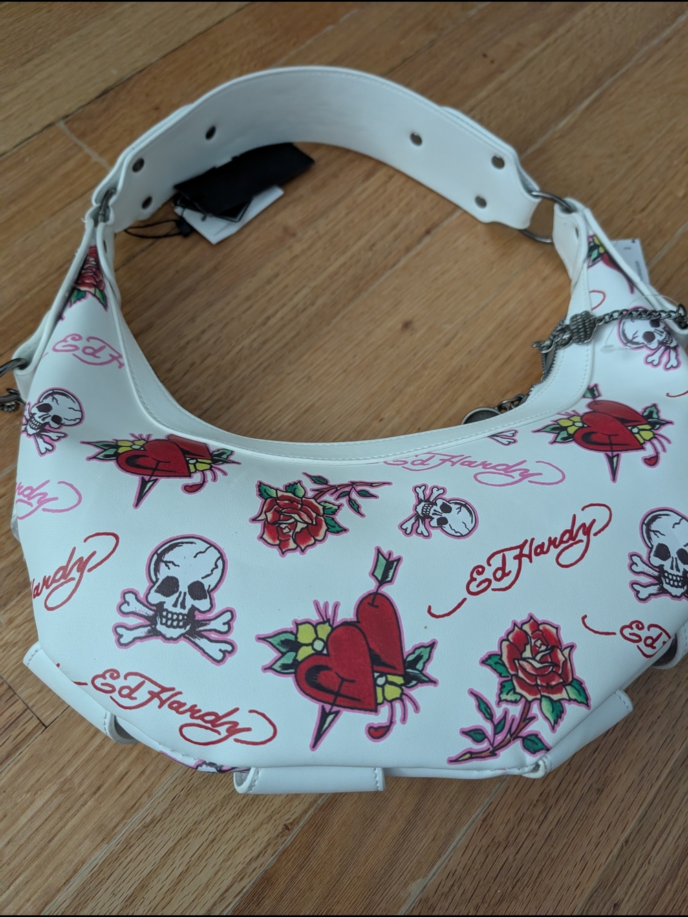 Ed Hardy Vegan White Tattoo-Print Hobo with Red & Pink Accents